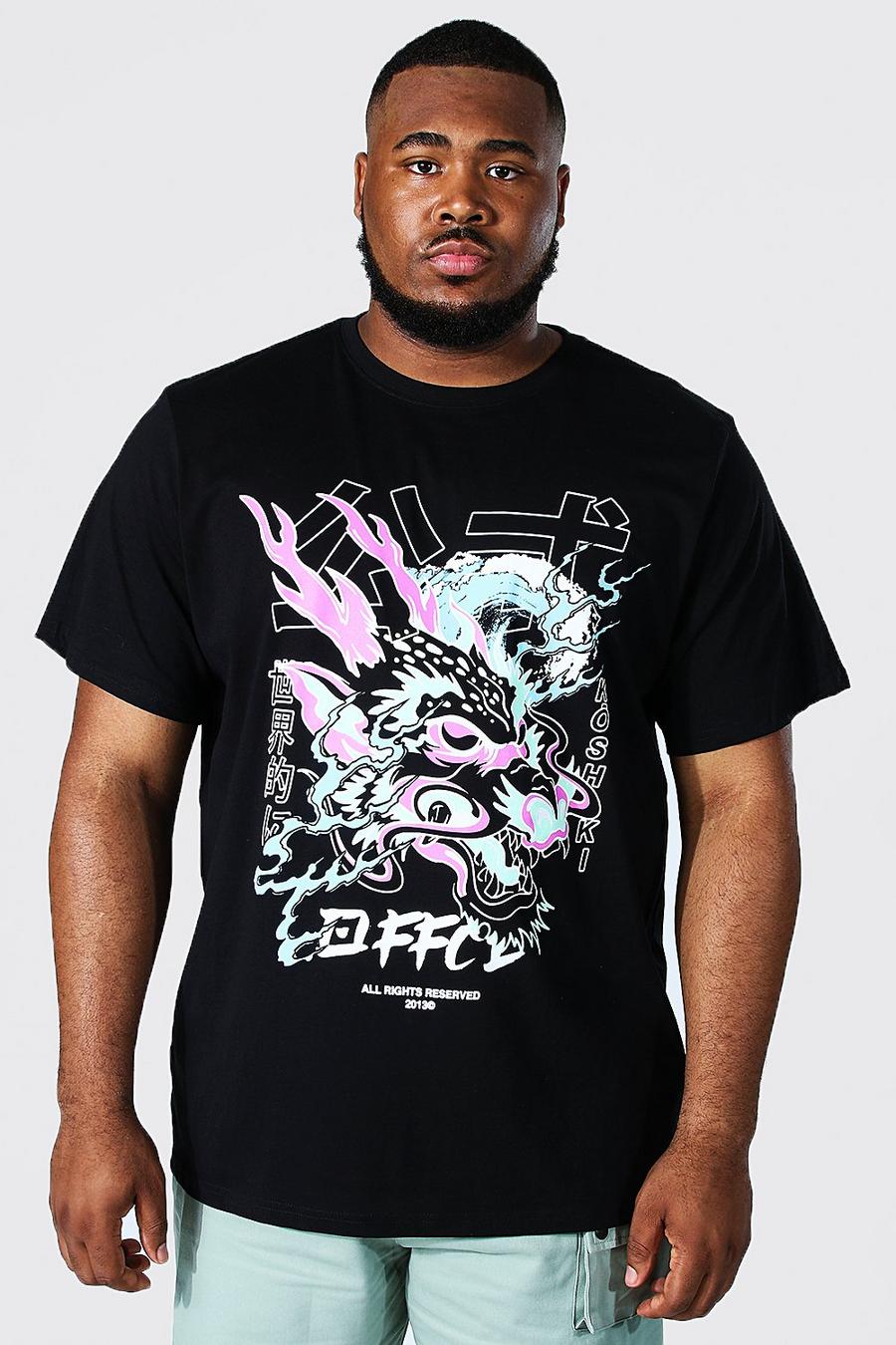 Plus T-Shirt mit Grafitti Drachen-Print, Black noir image number 1
