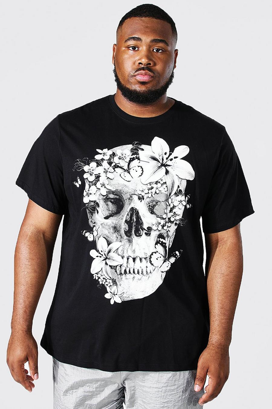Black Plus Floral Skull Graphic T-Shirt image number 1