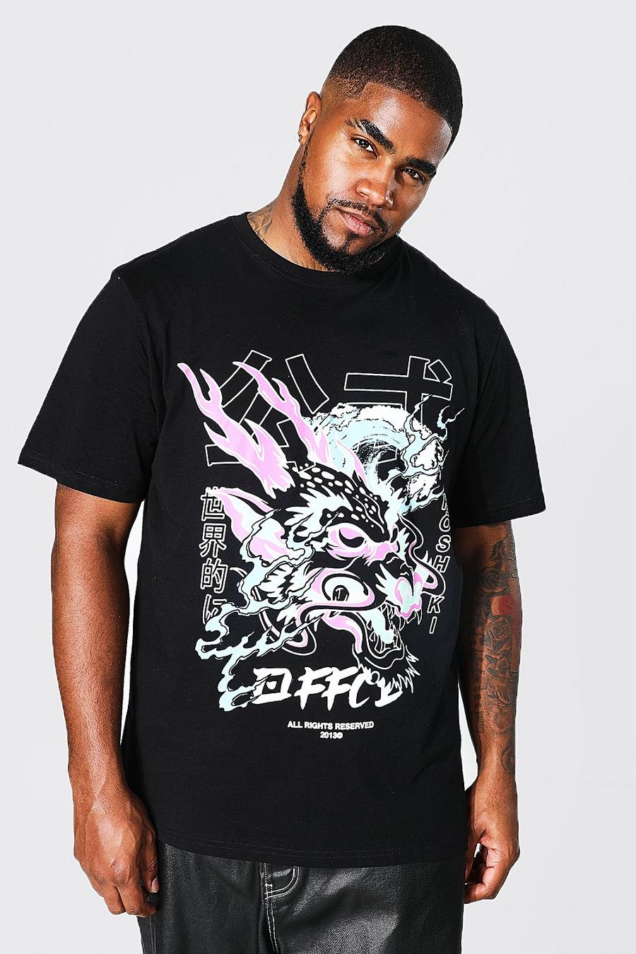 T-shirt Plus Size con stampa di drago in colori fluo sul retro, Black image number 1