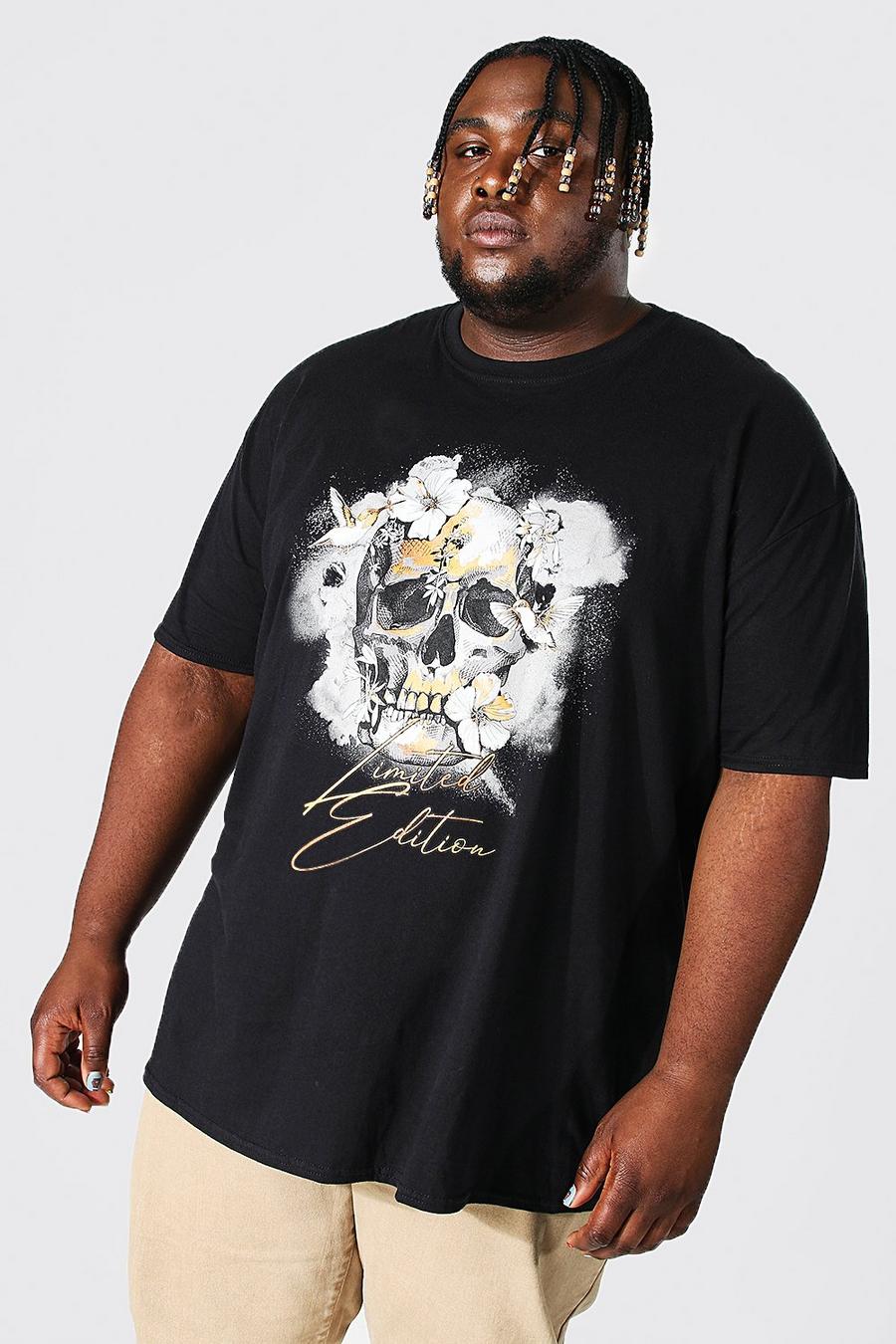 Camiseta Plus con estampado de calavera y mariposas, Black nero image number 1