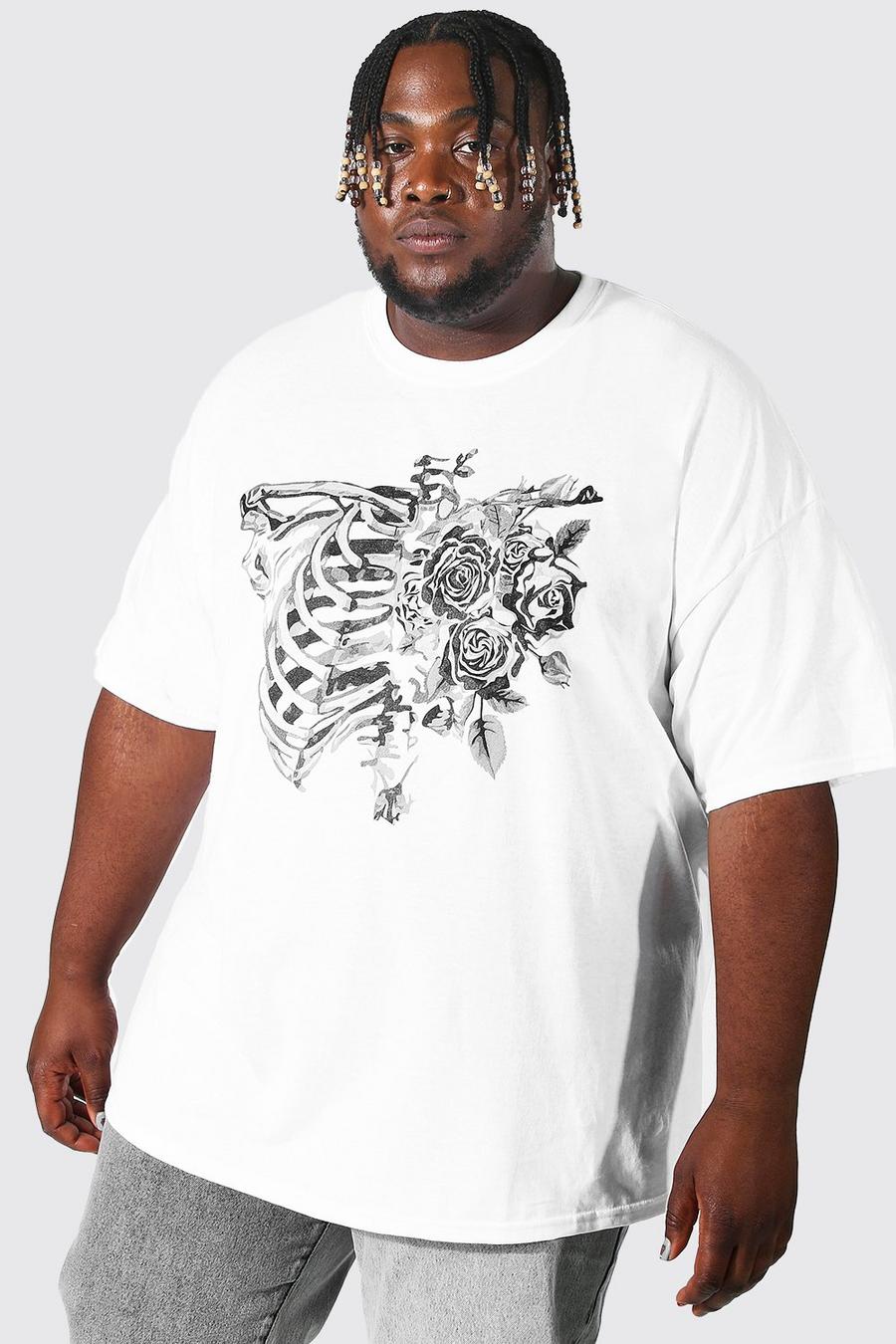 Camiseta Plus con estampado de esqueleto y flores, White bianco image number 1