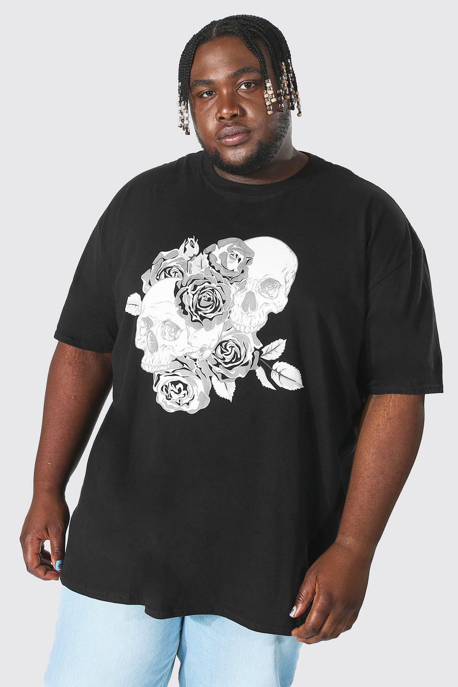Plus florales T-Shirt mit Totenkopf-Print, Black image number 1