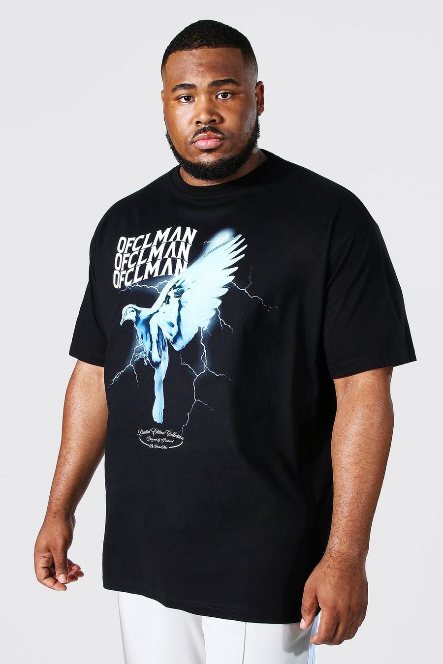 T-shirt Plus Size con grafica cromata di colomba e fulmine, Black negro image number 1