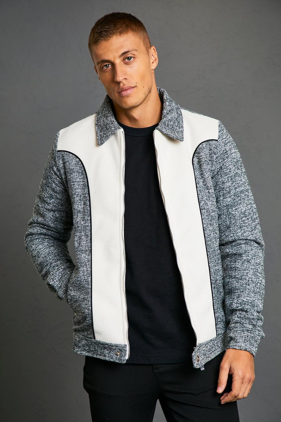 Grey Leather Look Check Western Panel Jacket