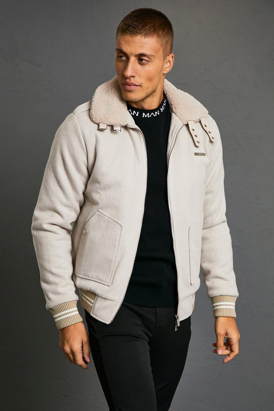 Stone Wool Look Borg Collar Padded Bomber image number 1