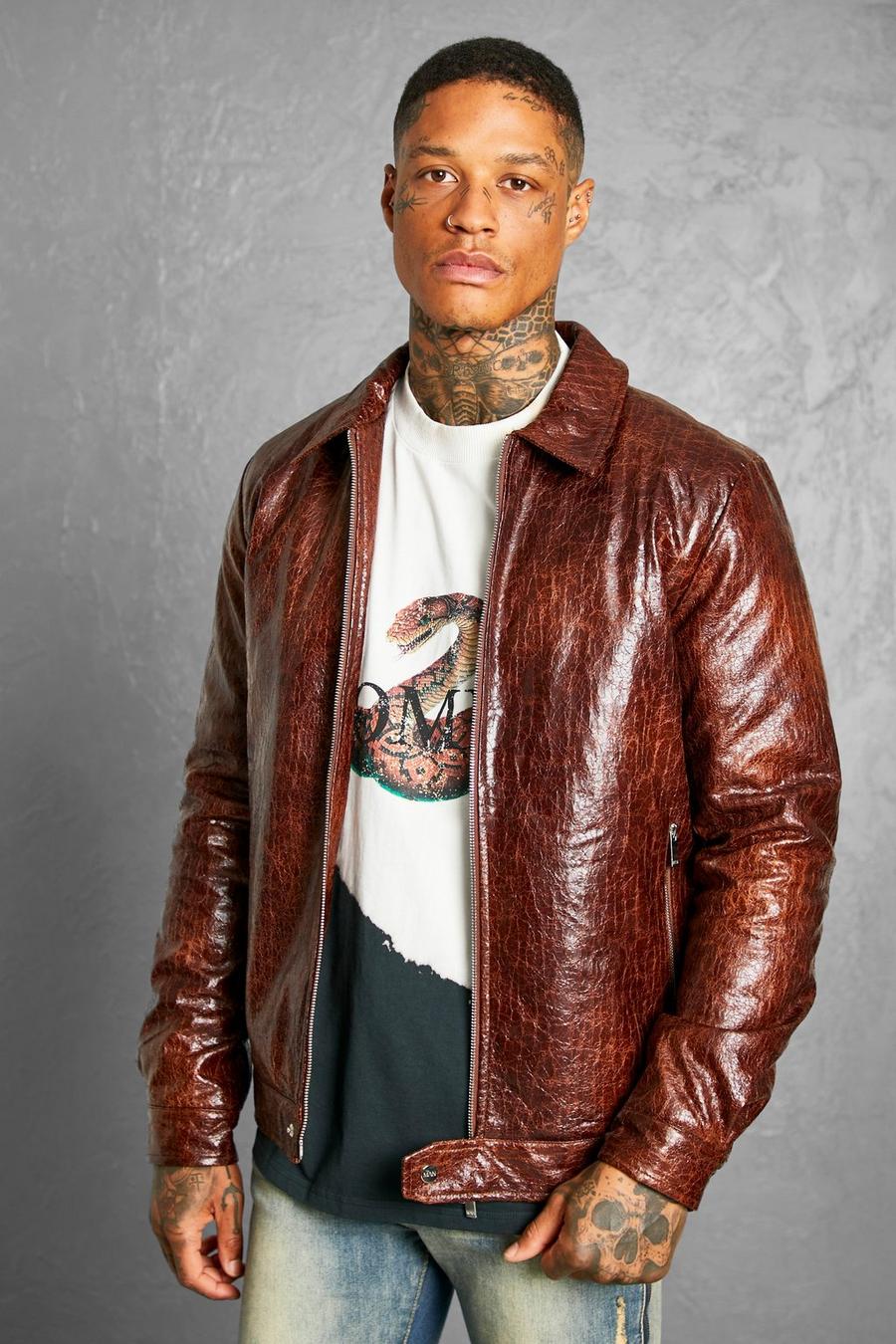 Men's Leather Look Textured Harrington Jacket | Boohoo UK