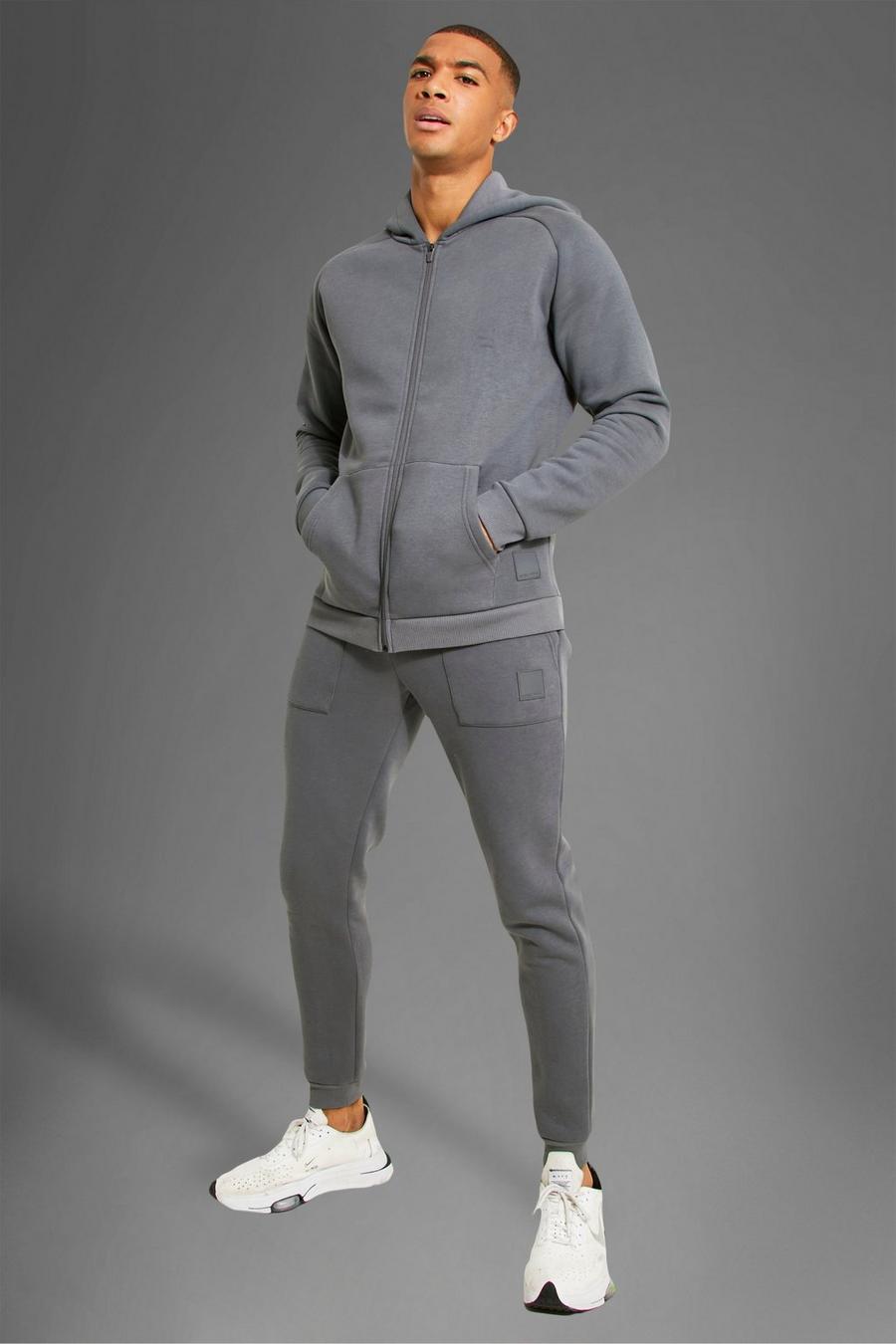 Charcoal grå Man Active Gym Zip Through Hoodie Tracksuit image number 1