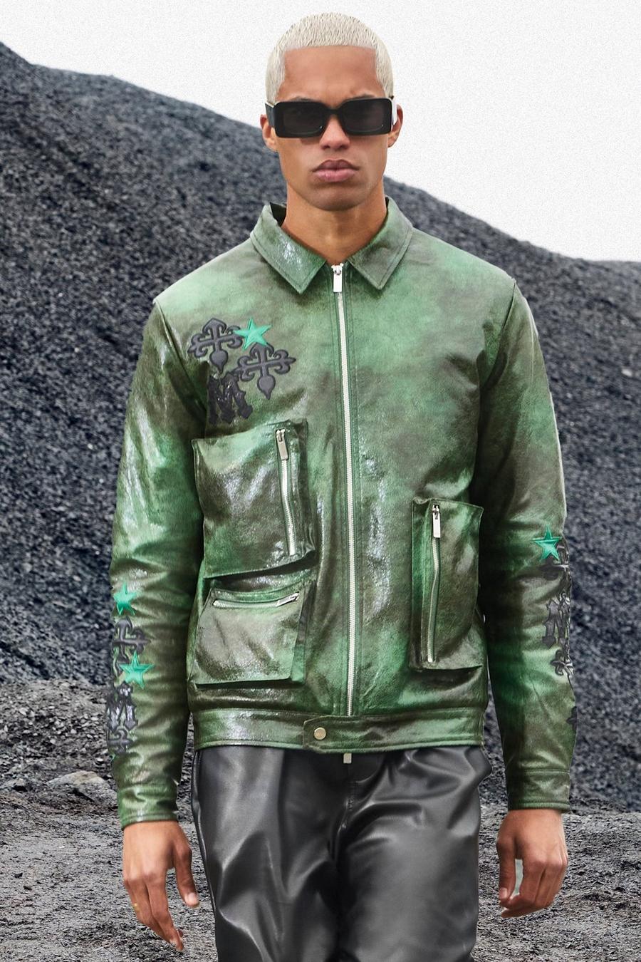 Green vert Leather Look Applique Harrington image number 1