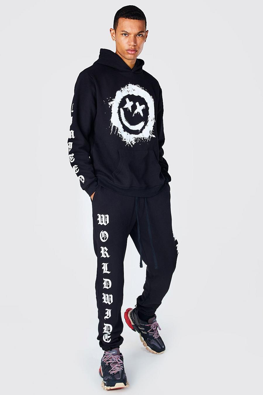 Black noir Tall Gothic Spray Face Graphic Tracksuit image number 1