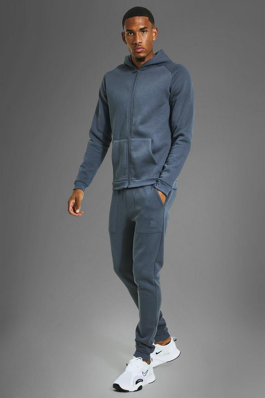 Charcoal gris Tall Man Active Gym Zip thru Hoodie Tracksuit image number 1