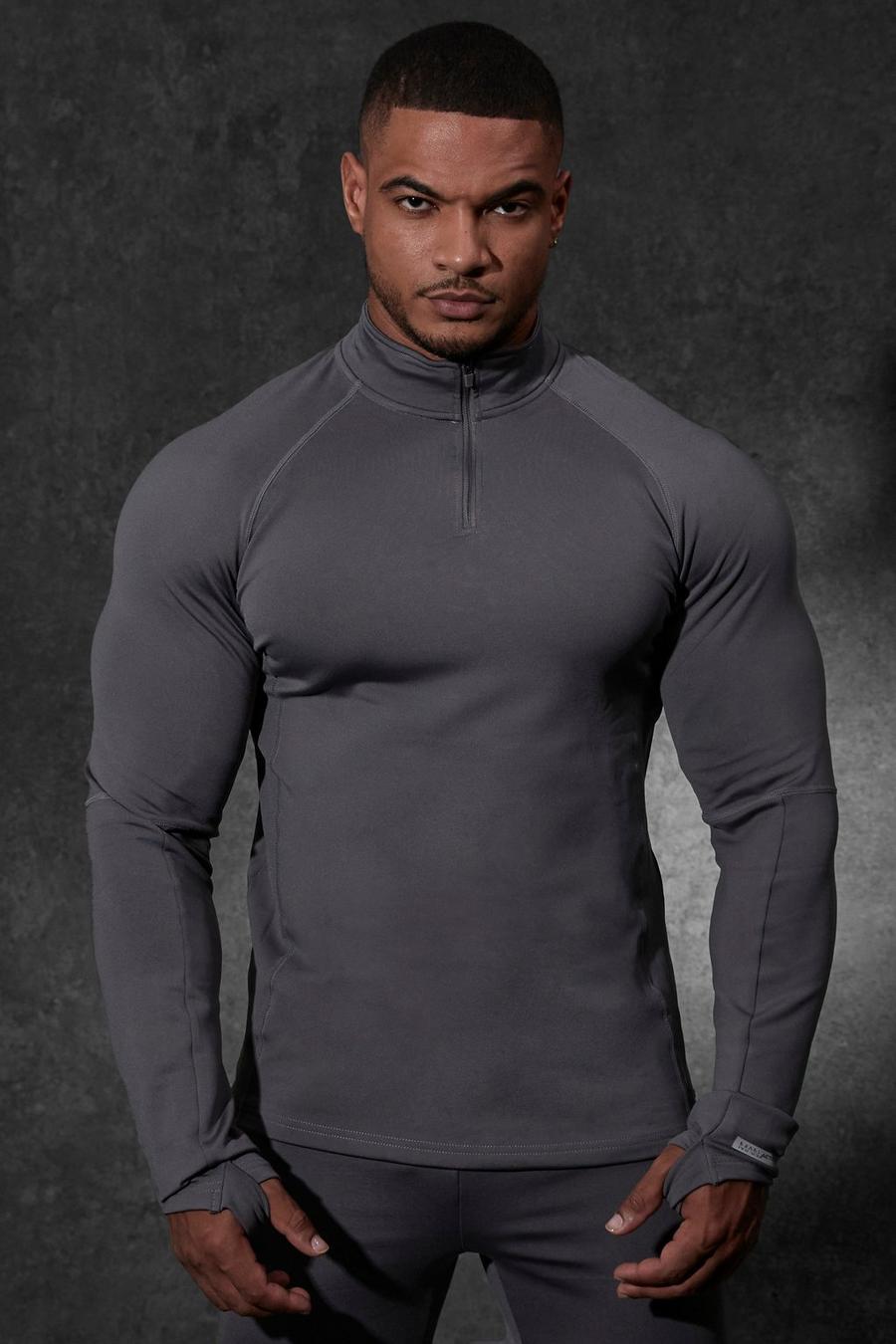 פחם חולצה ספורטיבית צמודה לאימונים עם שרוולים ארוכים, 1/4 רוכסן וכיתוב Man image number 1