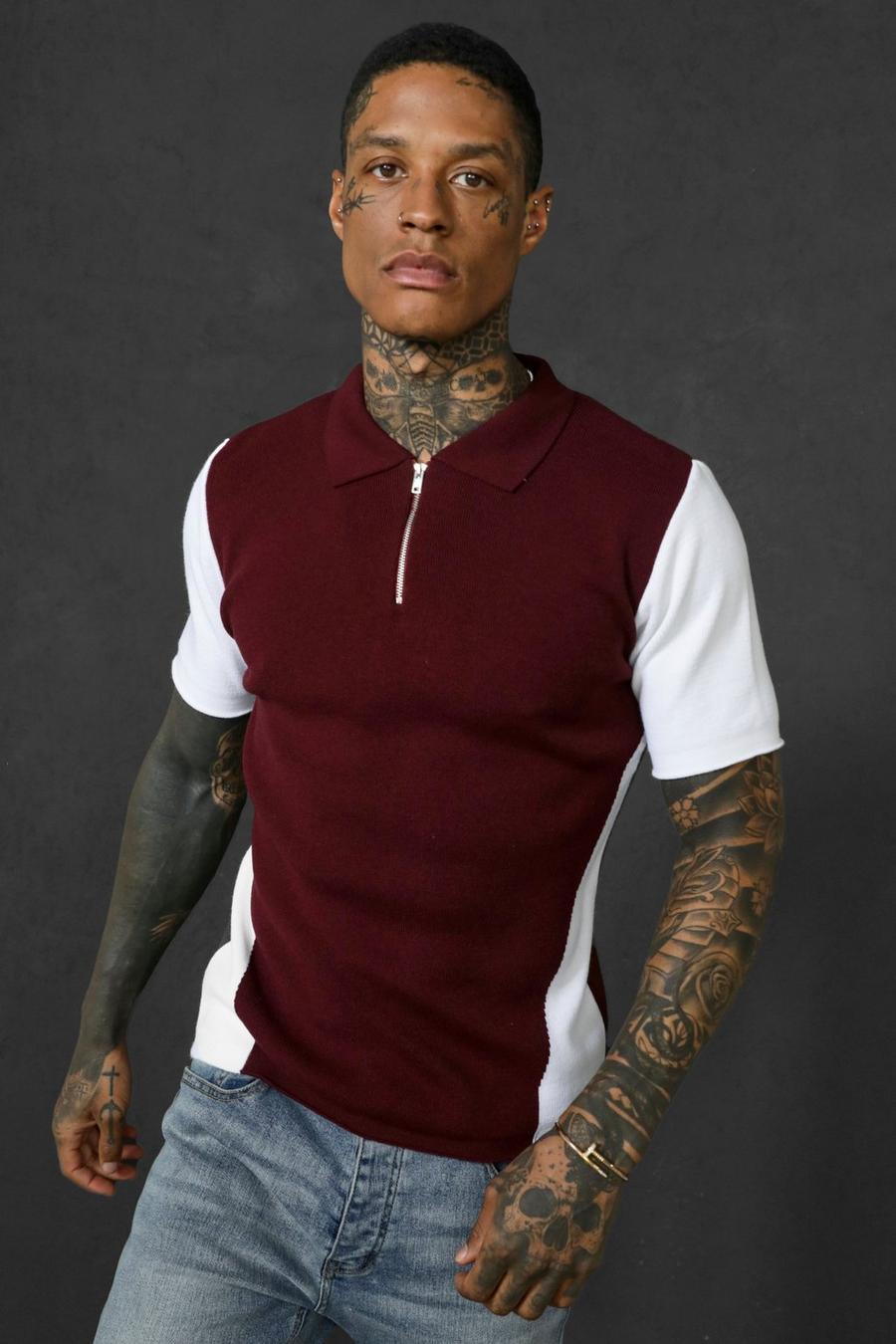 Burgundy Short Sleeve Colour Block Knitted Polo image number 1