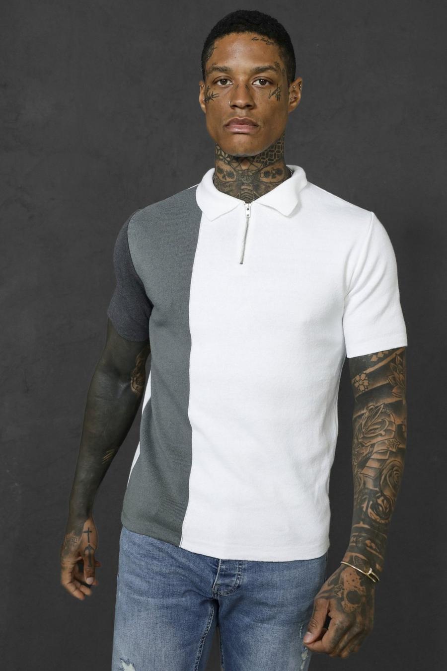 Kurzärmliges Colorblock Strick-Poloshirt mit halbem Reißverschluss, Charcoal grau