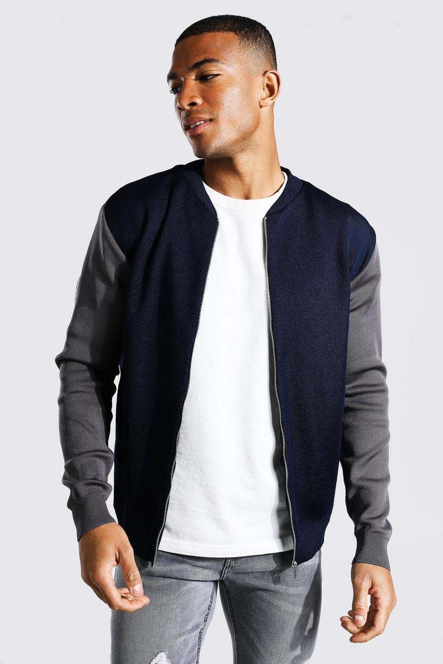 Navy marine Colour Block Smart Knitted Bomber image number 1