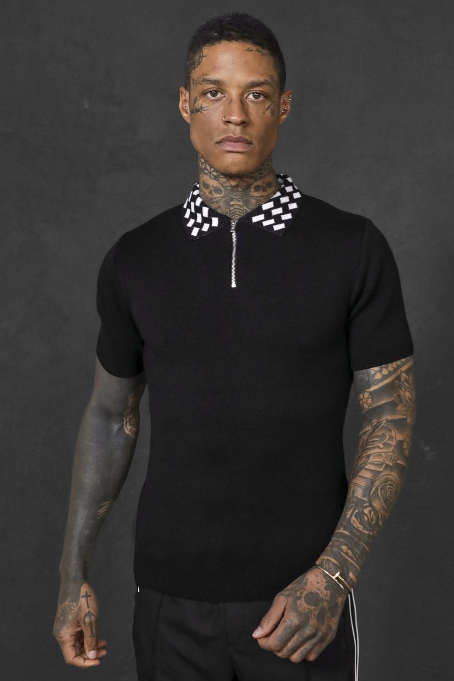 Black noir Short Sleeve Contrast Collar Knitted Polo image number 1