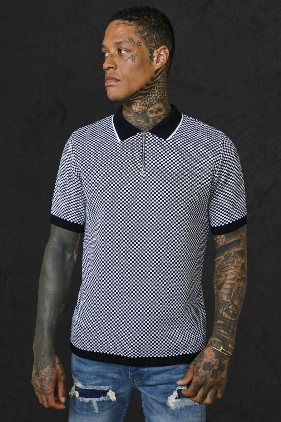 Black svart Short Sleeve Checkerboard Knitted Polo image number 1