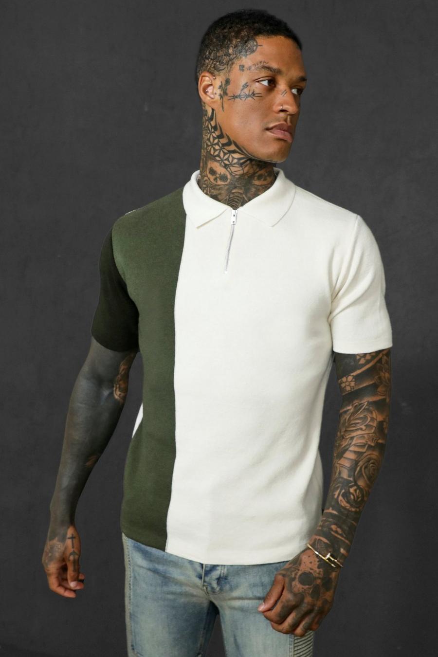 Kurzärmliges Colorblock Strick-Poloshirt mit halbem Reißverschluss, Khaki image number 1