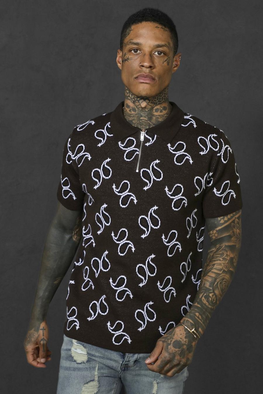 Chocolate Short Sleeve Paisley Knitted Polo image number 1