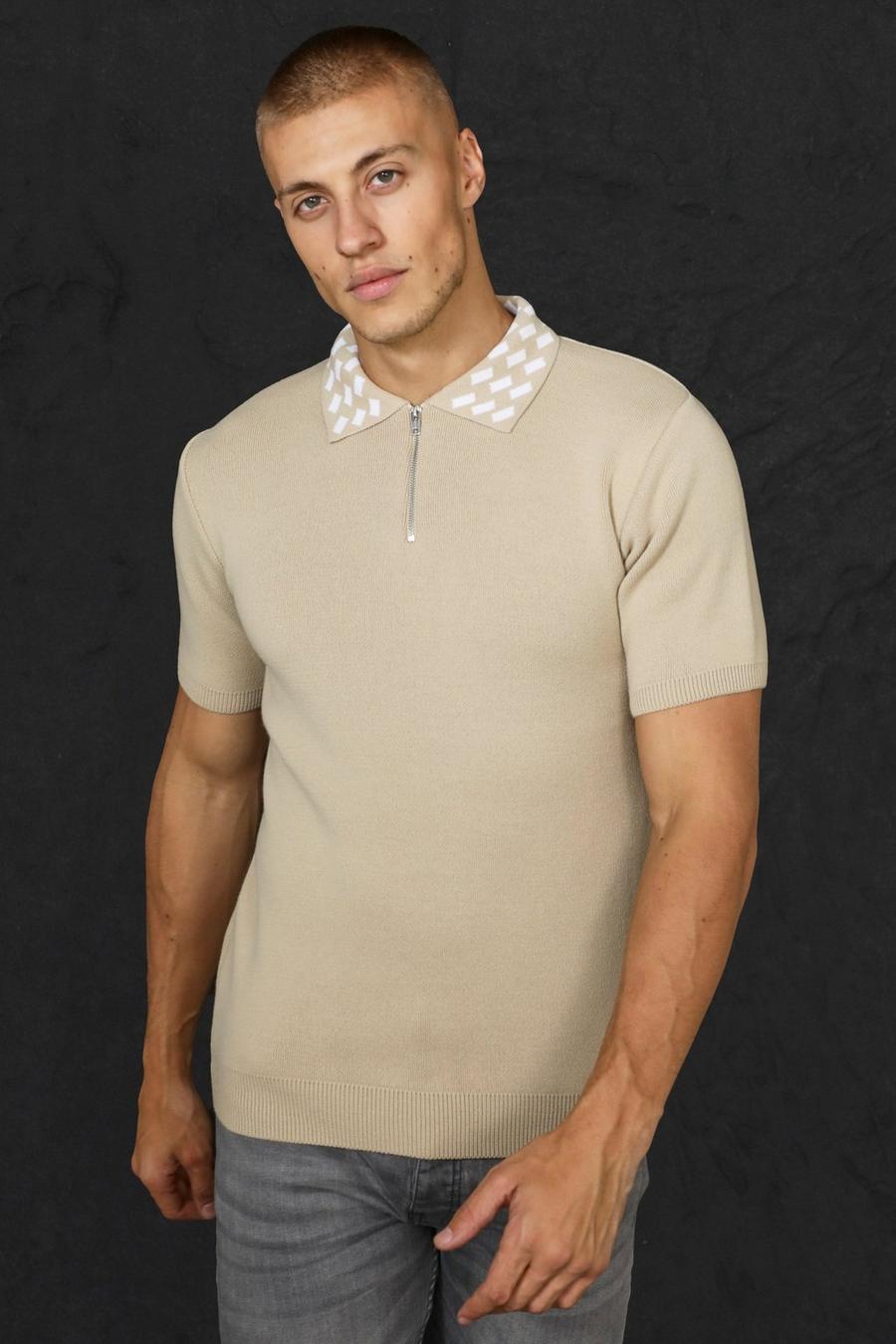 Stone Short Sleeve Contrast Collar Knitted Polo image number 1