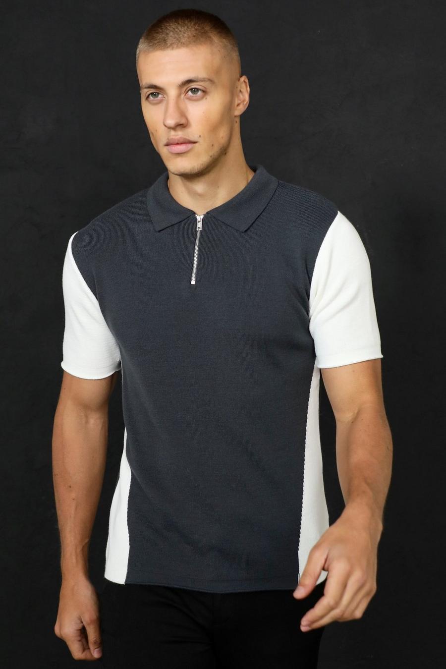 Charcoal Short Sleeve Colour Block Knitted Polo image number 1