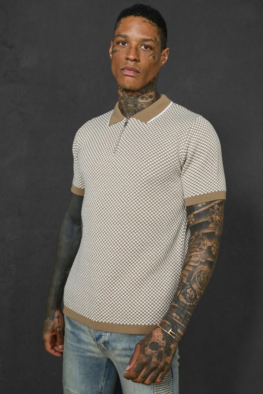 Taupe Short Sleeve Checkerboard Knitted Polo image number 1