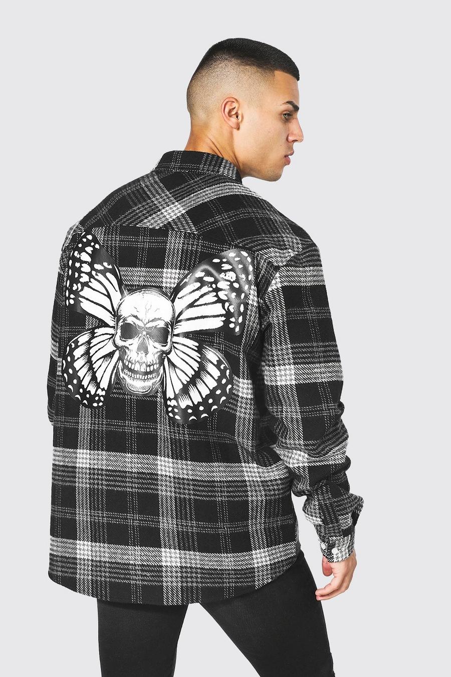 Camicia oversize a quadri con teschio e farfalla, Black image number 1
