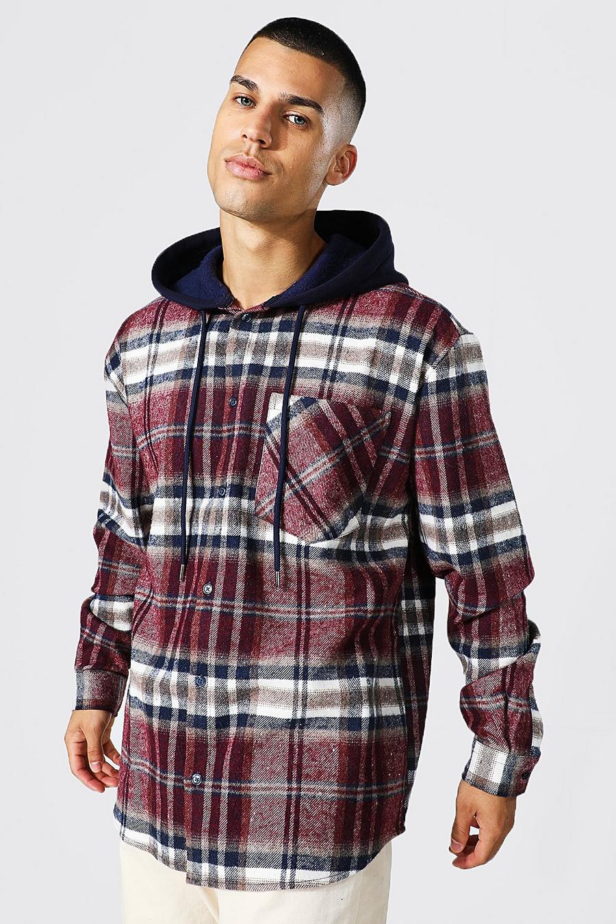 Red Oversized Hooded Check Shirt image number 1