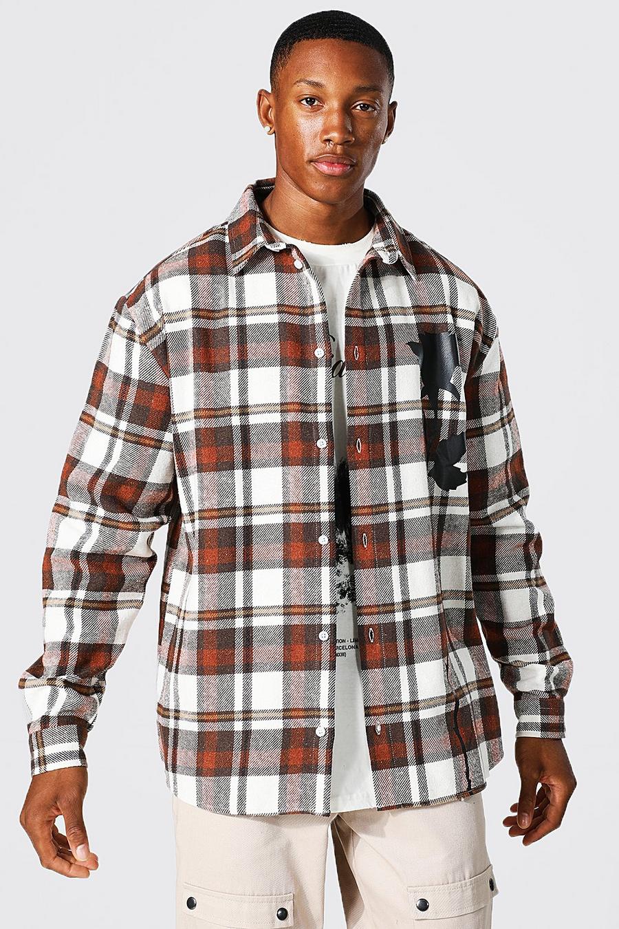 Brown Oversized Rose Print Check Shirt image number 1