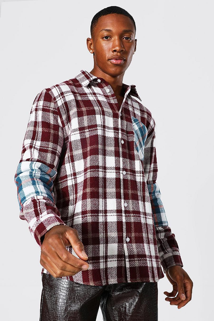 Burgundy red Patchwork Check Shirt image number 1