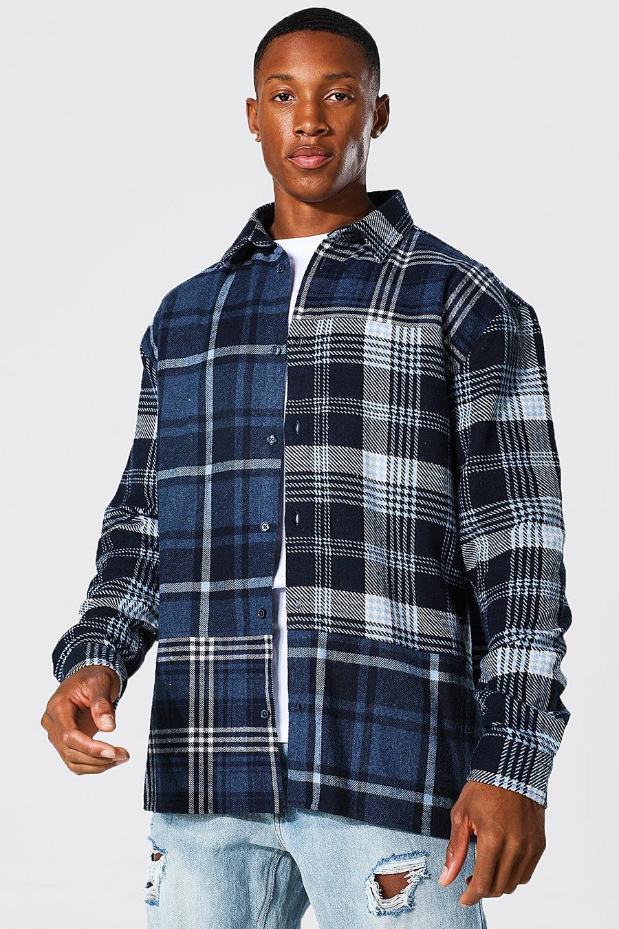 Navy Oversized Patchwork Check Shirt image number 1