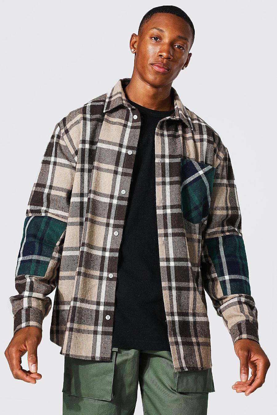 Brown brun Oversized Patchwork Check Shirt image number 1