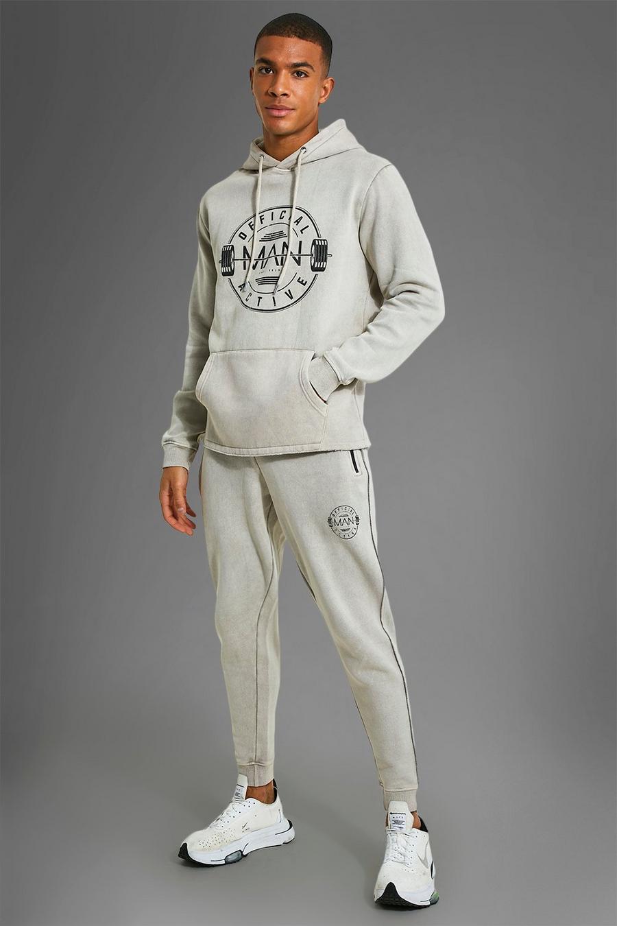 Man Active Gym Hoodie-Trainingsanzug mit rohem Saum, Taupe beige image number 1