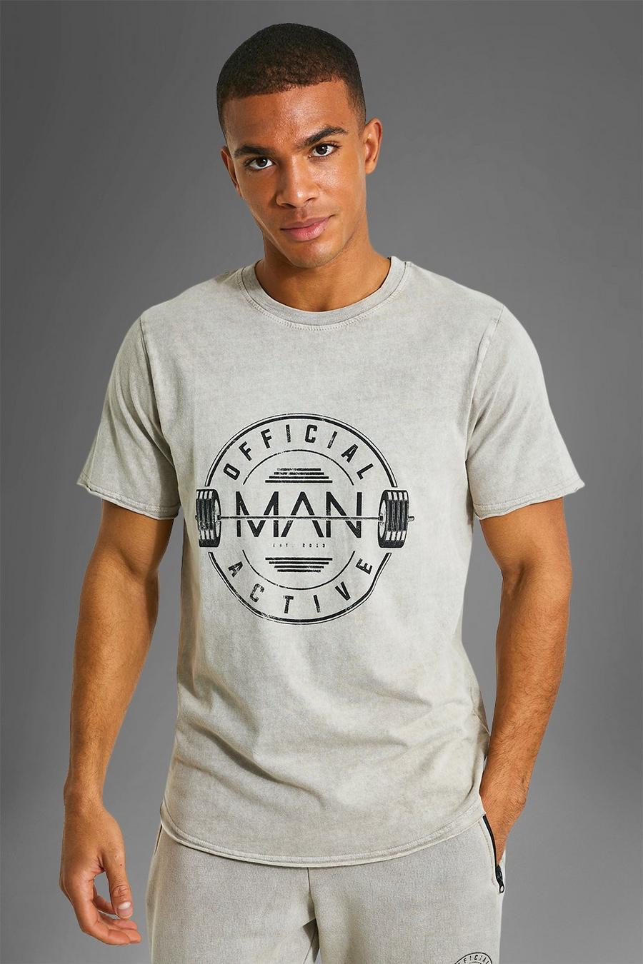 T-shirt Man Active Gym con logo effetto consumato e scollo a vogatore, Taupe beige image number 1
