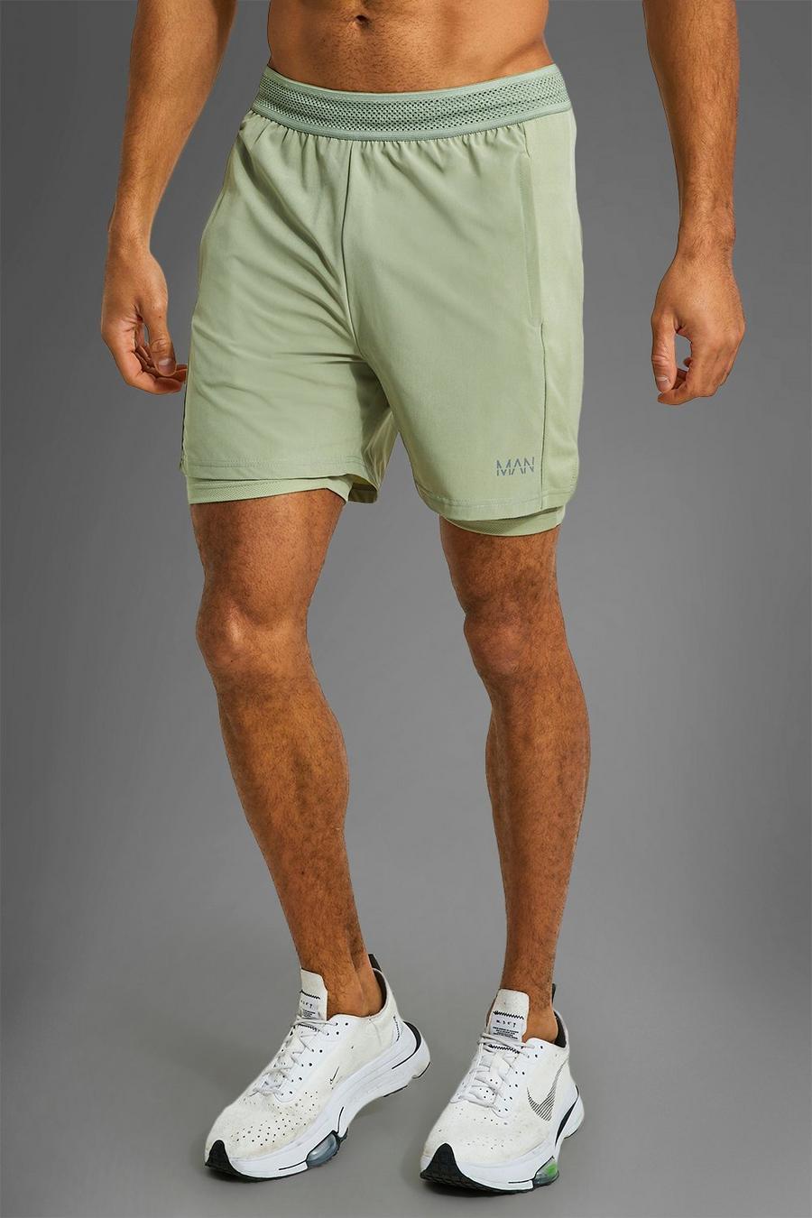 Man Active Gym Performance 2-in-2 Shorts, Olive vert image number 1