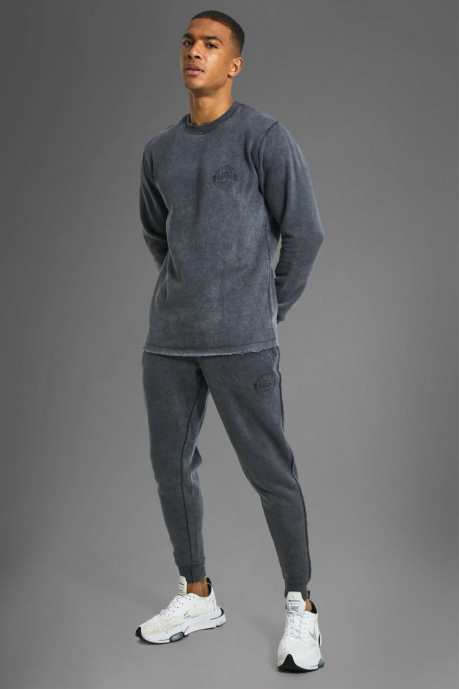 Charcoal grå MAN Active Träningsoverall med sweatshirt och rå kant image number 1