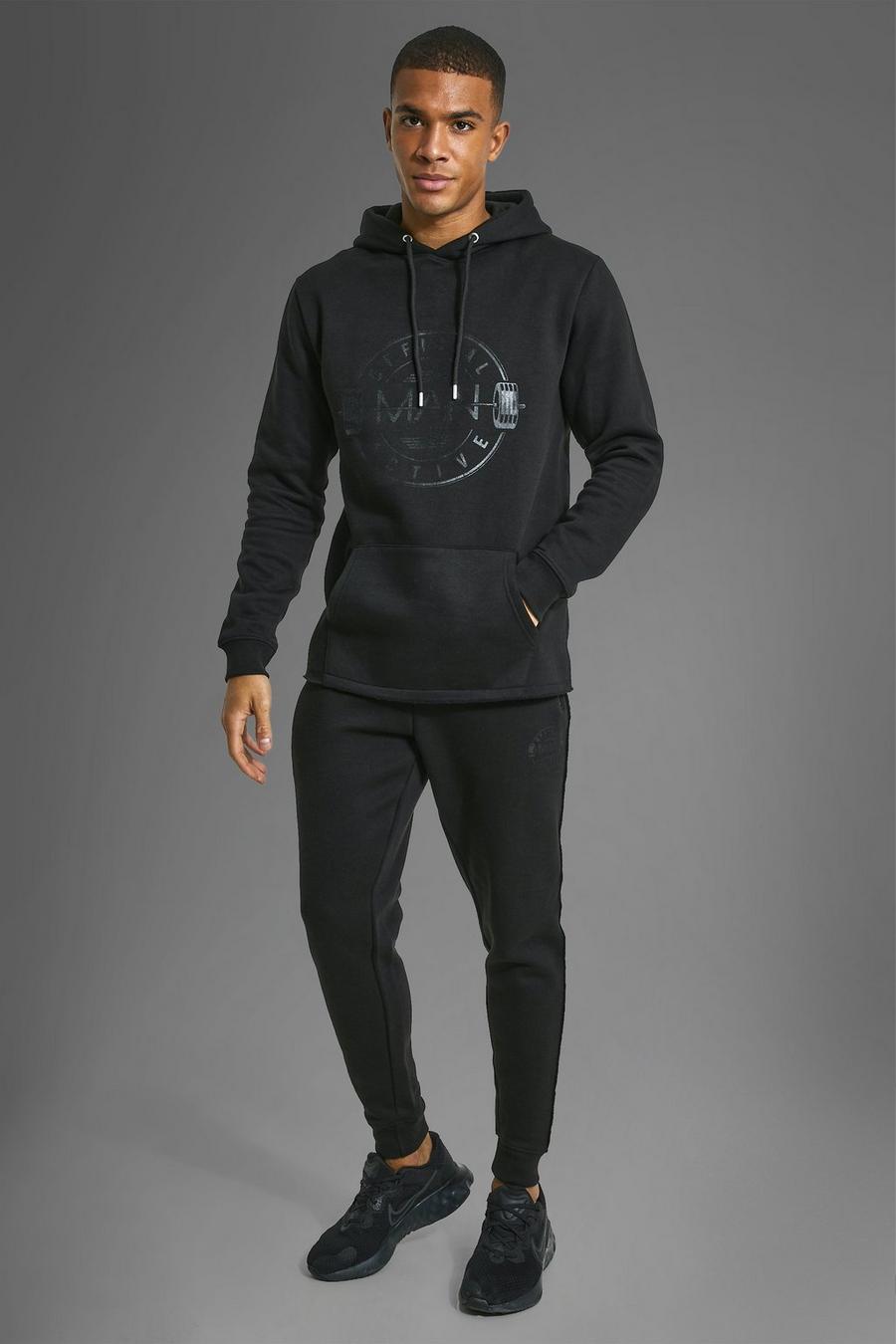 Black svart MAN Active Träningsoverall med hoodie och rå kant image number 1