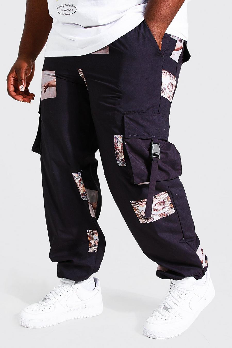Pantaloni Cargo in Shell Plus Size Man con stampa rinascimentale, Black nero image number 1