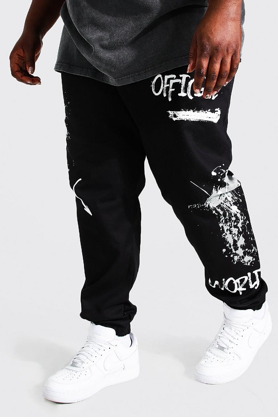 Pantalón deportivo Plus cargo ajustado de sarga con estampado de grafiti, Black nero image number 1