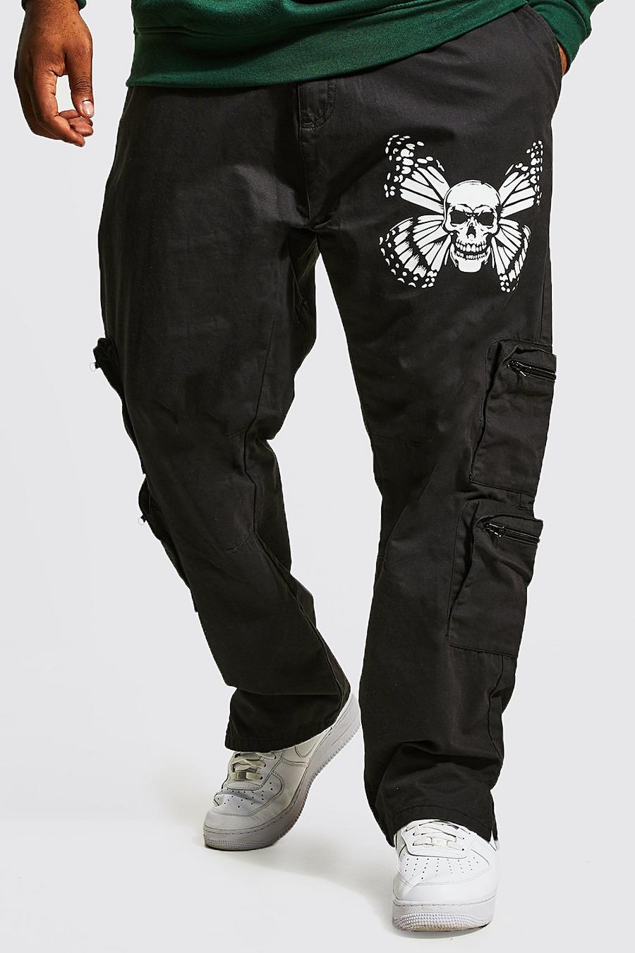 Grande taille - Pantalon droit style cargo à imprimé crâne, Black image number 1