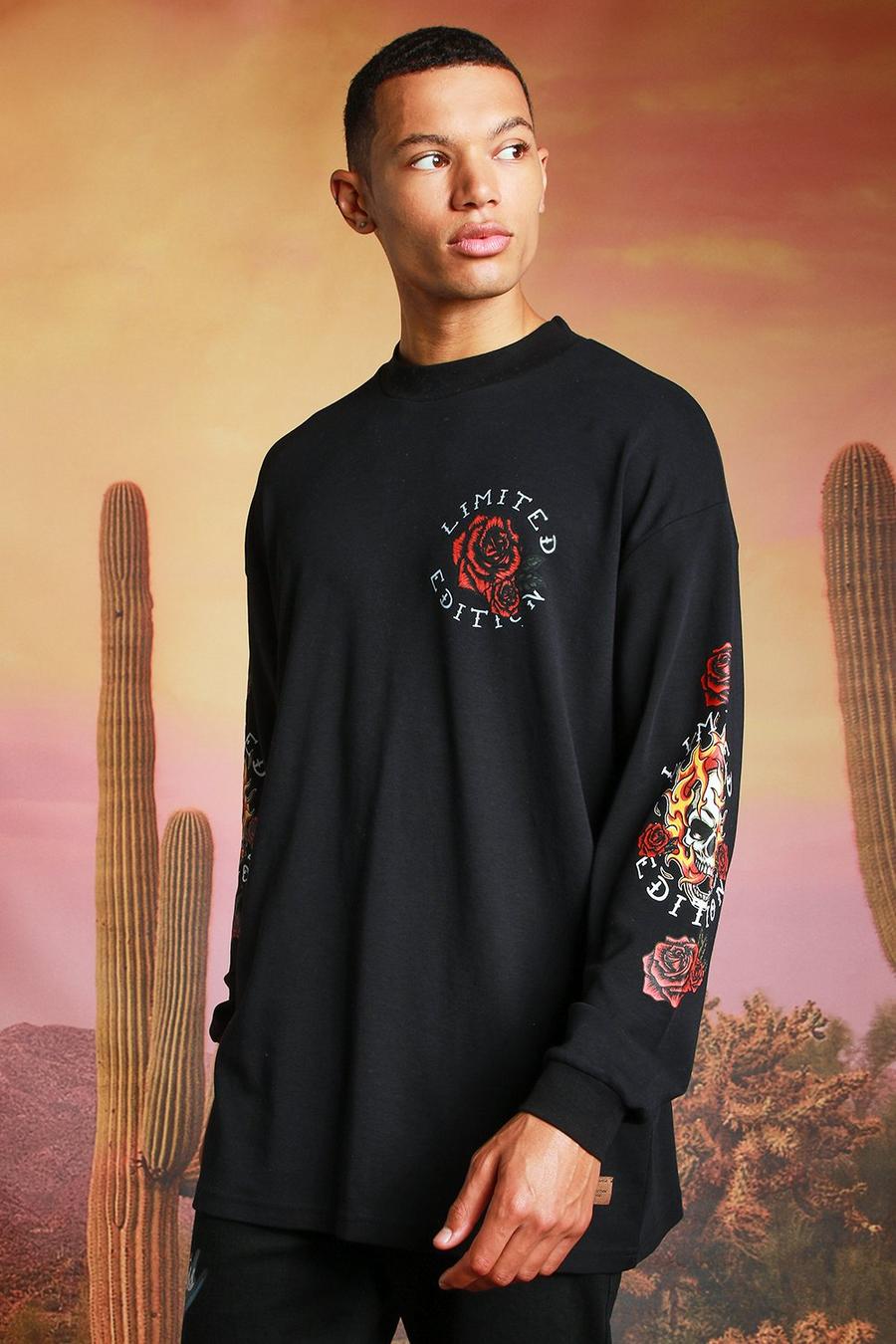 Black Tall - Oversize långärmad t-shirt med dödskalle image number 1
