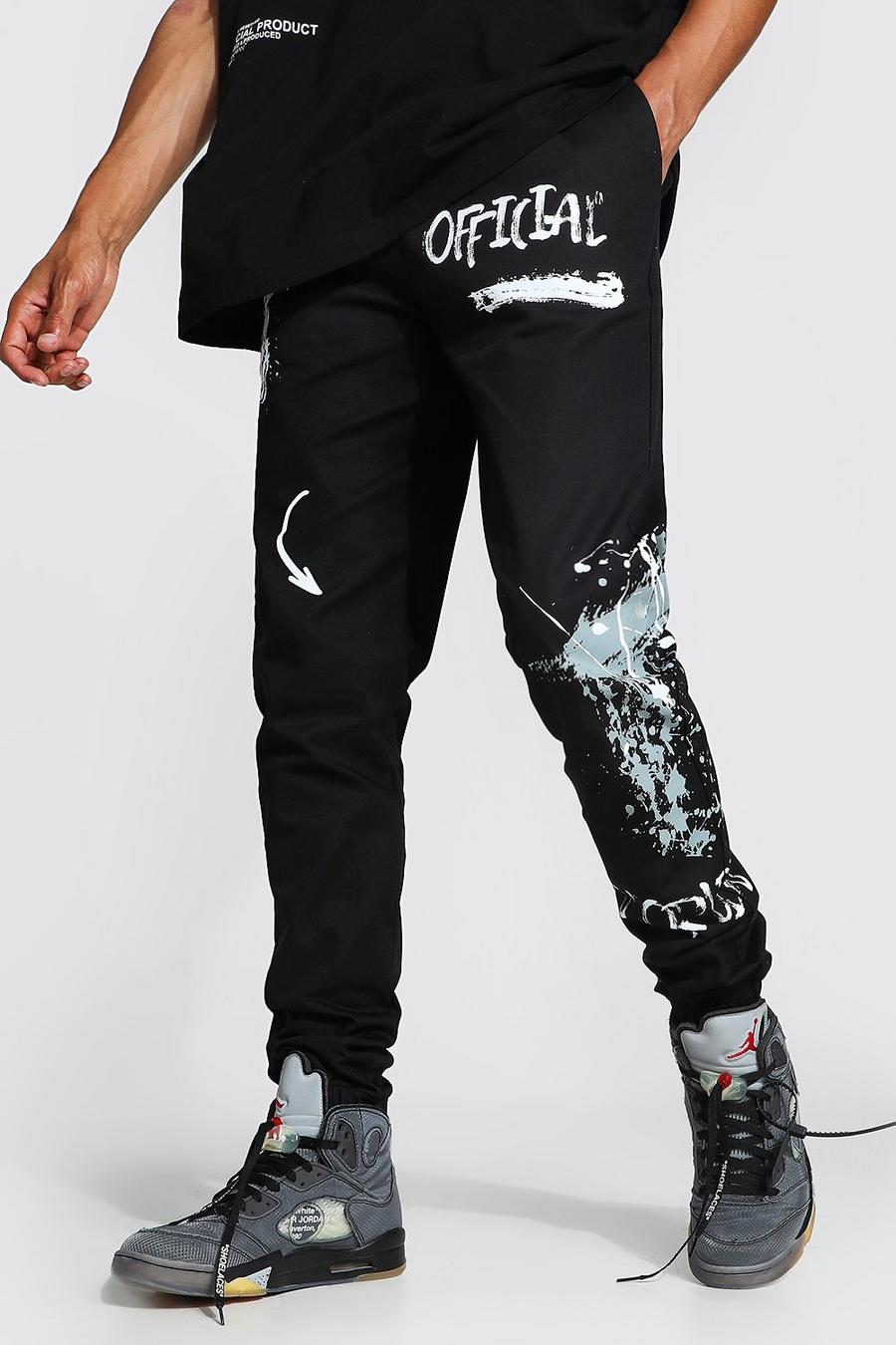 Pantalón deportivo Tall cargo de sarga ajustado con grafiti, Black image number 1