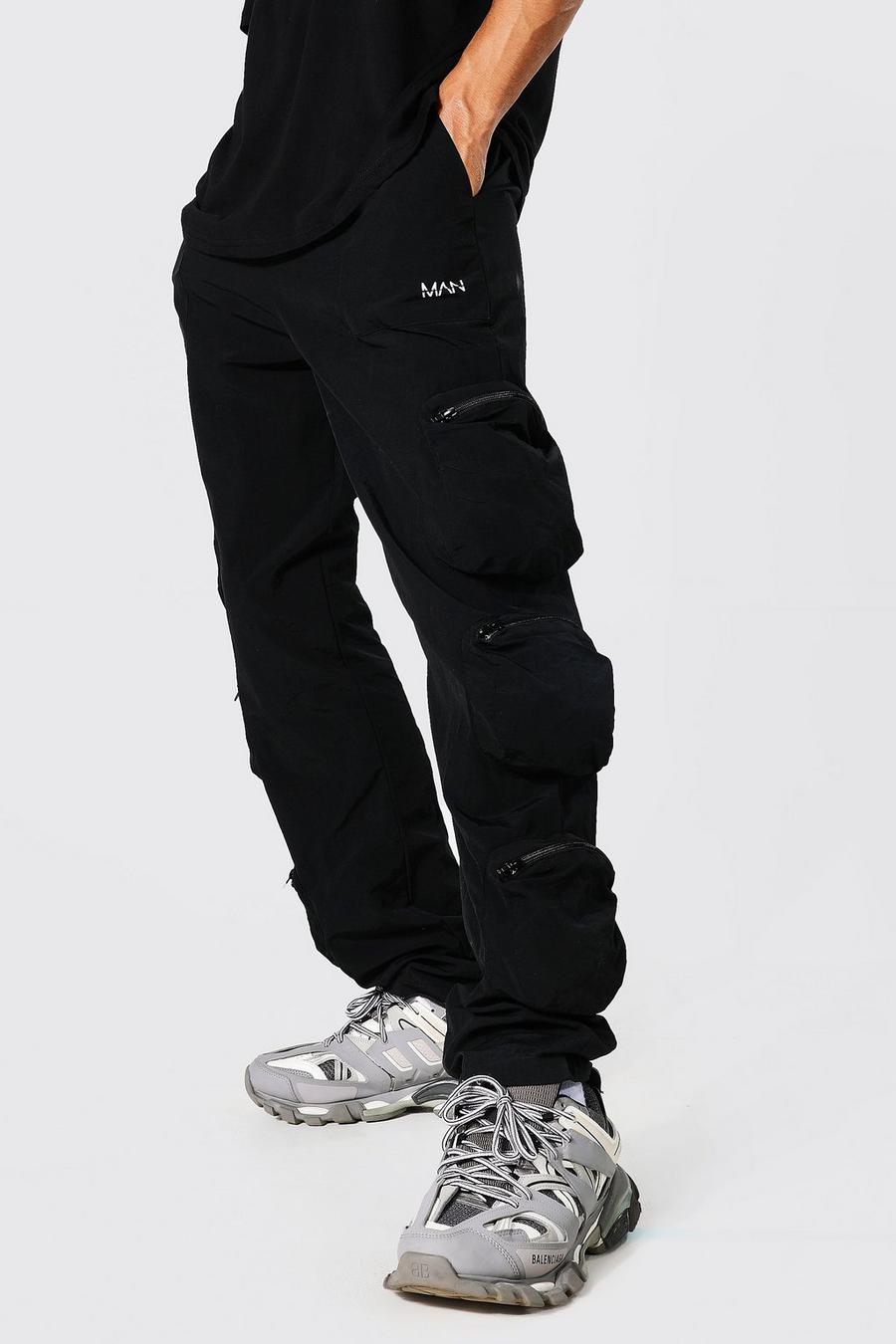 שחור  מכנסי דגמ"ח לגברים גבוהים מבד מעטפת תלת-ממדי עם קמטים עם כיסים רבים  image number 1