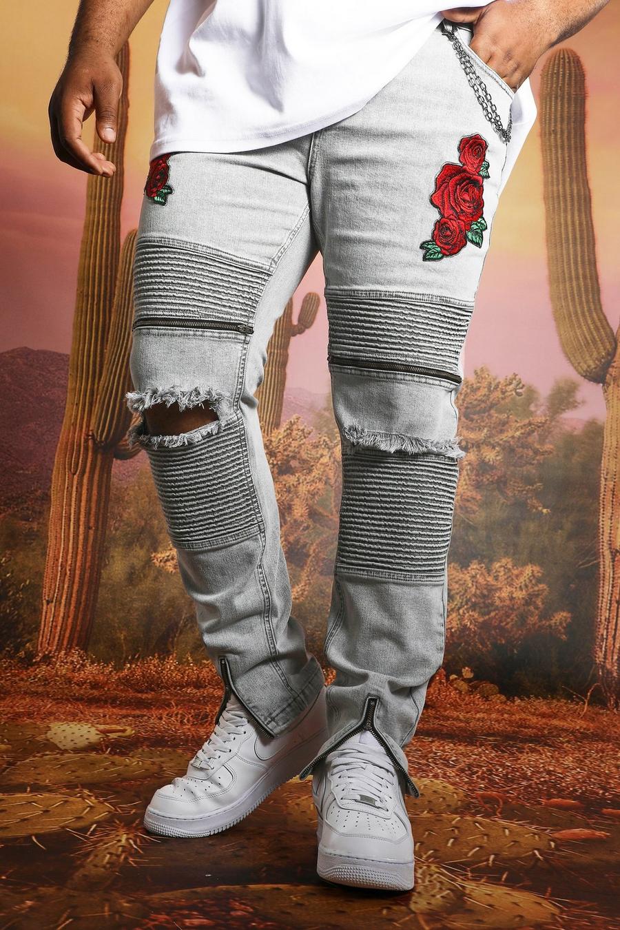 אפור קפוא ג'ינס נמתח סקיני עם הדפס פרחוני, מידות גדולות