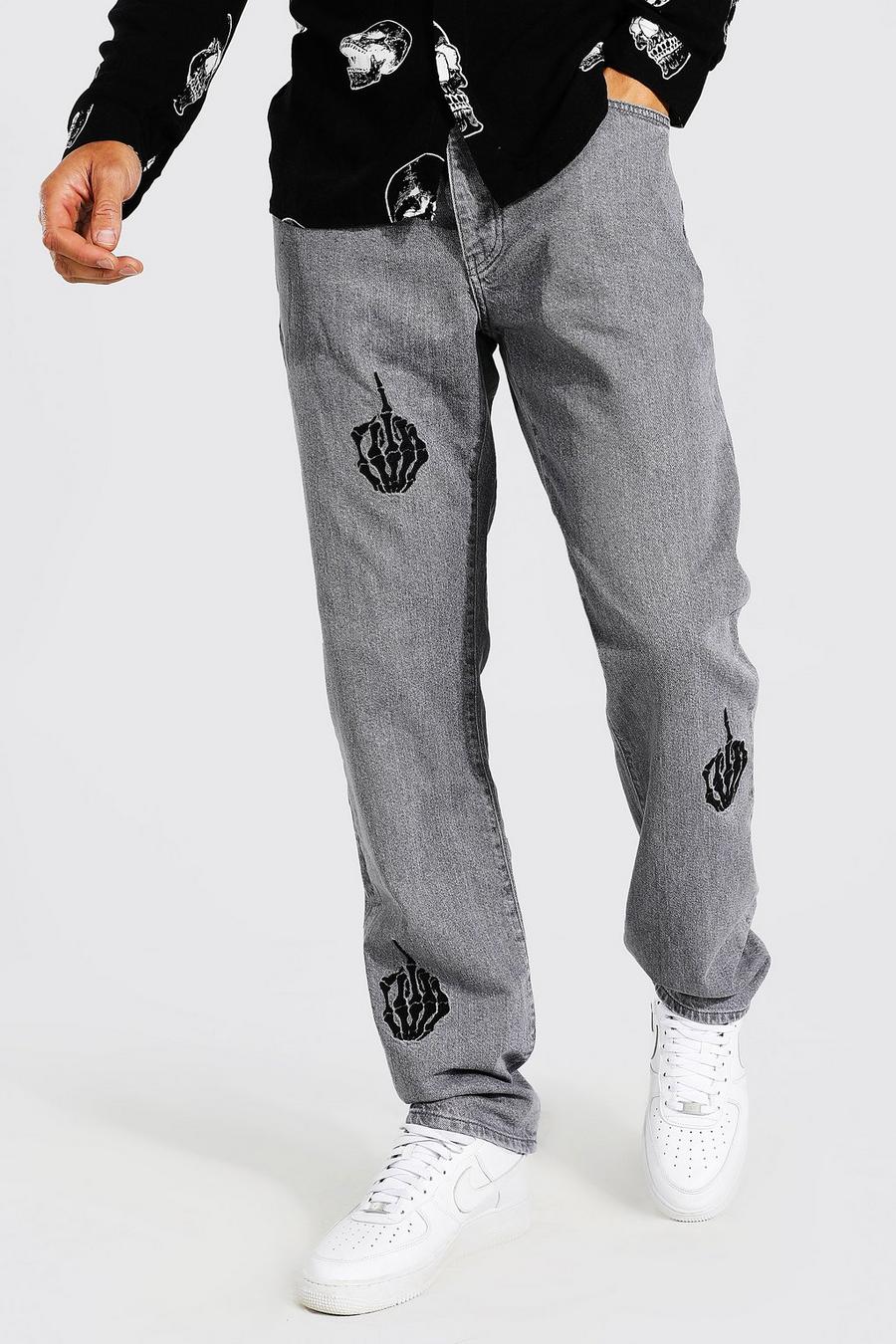Tall gerade Jeans mit Skelett-Applique, Mid grey gris image number 1