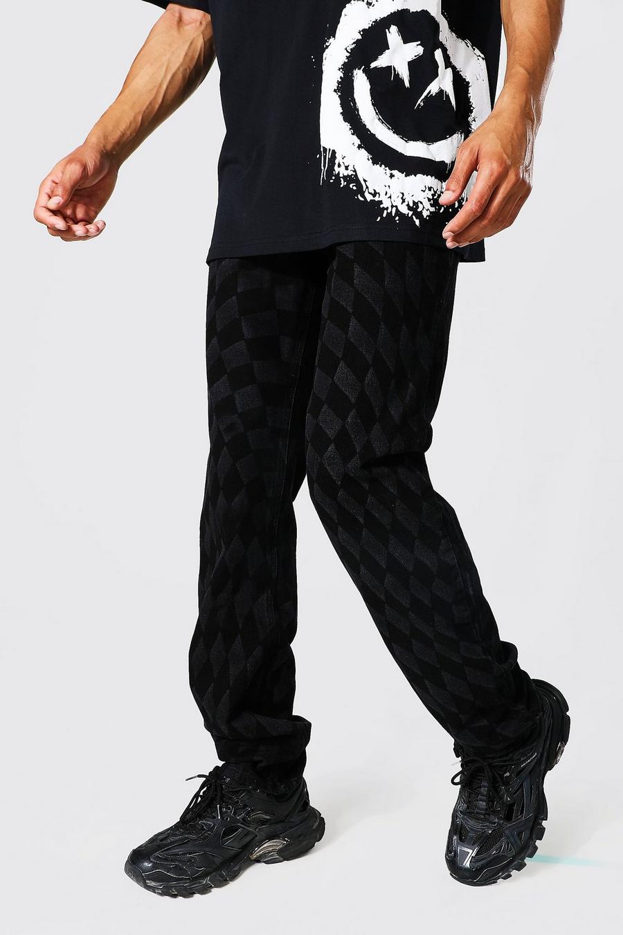 שחור דהוי ג'ינס עם הדפס משבצות מעוקלות ובגזרה משוחררת, לגברים גבוהים image number 1