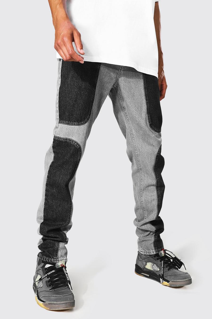 אפור ביניים ג'ינס בגזרה צרה עם פאנלים בצבעים מנוגדים לגברים גבוהים image number 1