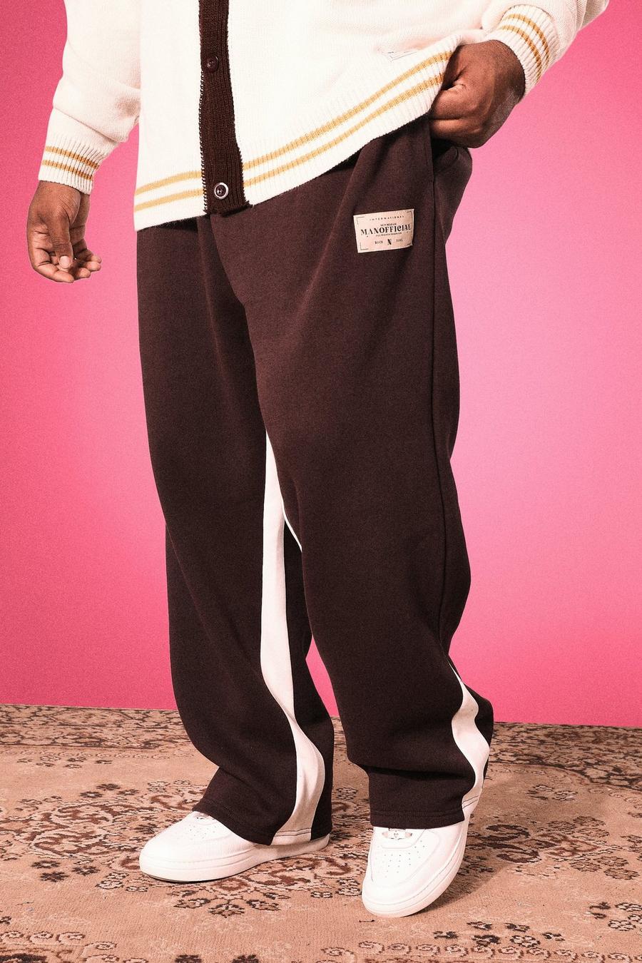 Pantaloni tuta Plus Size taglio rilassato con gherone ed etichetta, Cioccolato image number 1