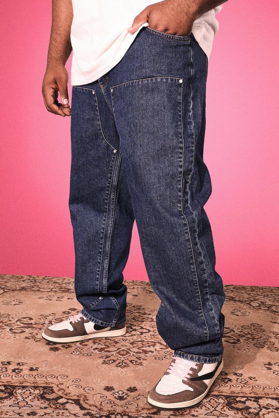 כחול ביניים ג'ינס פועלים בגזרה ישרה עם פאנל, מידות גדולות image number 1