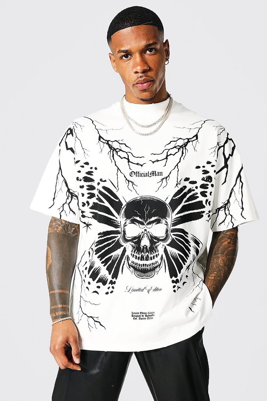 Ecru weiß Oversized Extended Neck Skull Graphic T-shirt image number 1