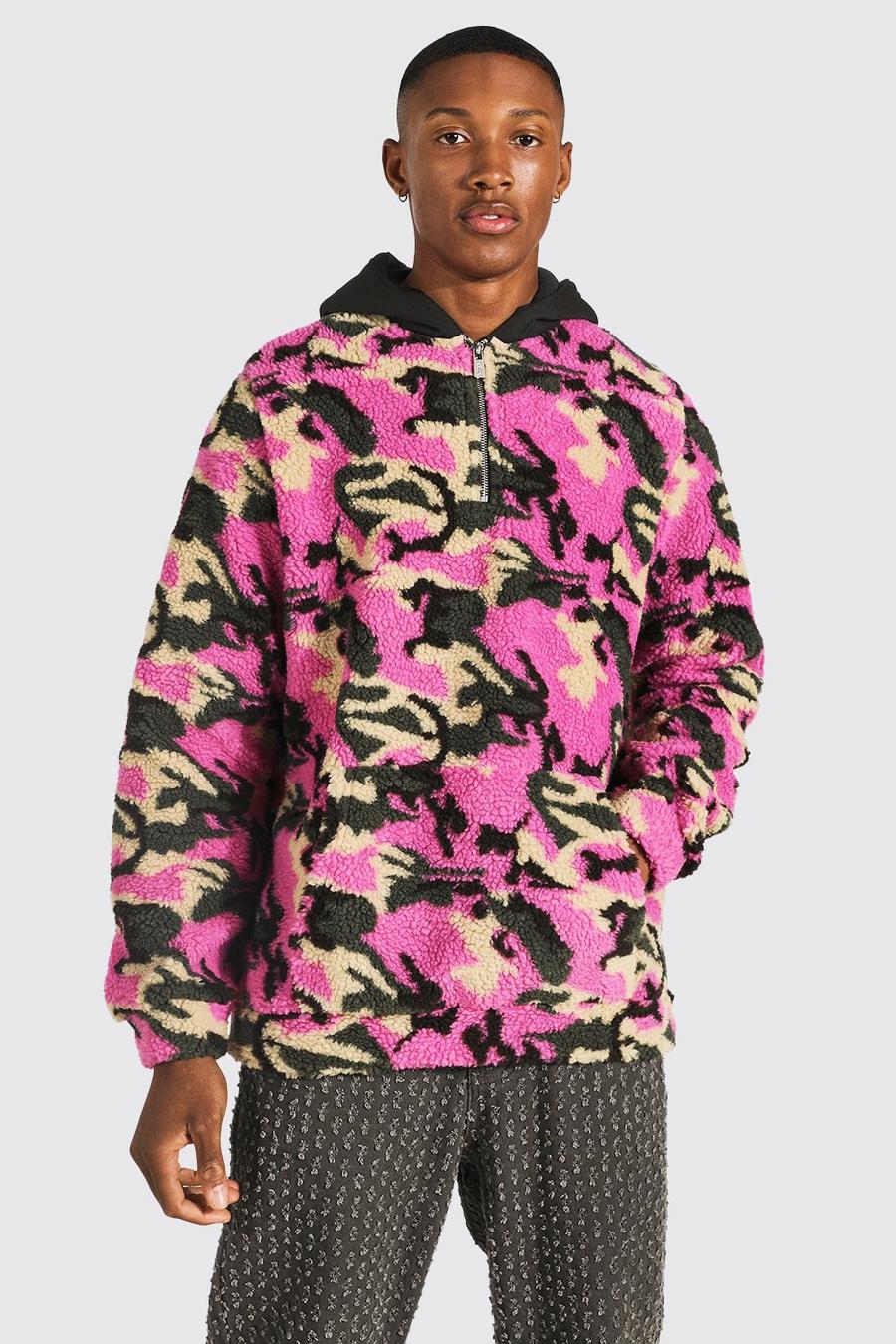 Pink rosa Oversize kamouflagemönstrad hoodie i teddy med dragkedja image number 1